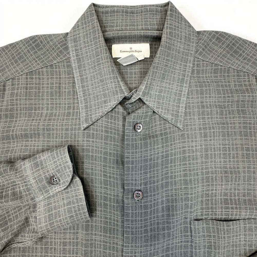 Ermenegildo‎ Zegna Shirt Mens XXL Gray Grid Cotton Nylon Made in Italy Luxury